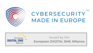 Cybersecurity Made in Europe logo with shield emblem; badge reads European DIGITAL SME Alliance.