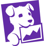 Purple square icon of a dog holding a photo frame with mountains on it.