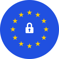 Blue EU privacy icon: a circle with 12 gold stars around a white padlock in the center on a blue background.