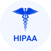 Blue caduceus symbol above the word HIPAA on a light blue circular badge.