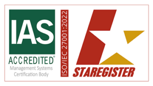 Composite image showing two logos: 'IAS Accredited Management Systems Certification Body' on the left and the 'STARREGISTER' ISO/IEC 27001:2022 certification logo on the right.