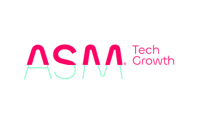 ASM Tech Growth logo on a black background, featuring pink 'ASM' lettering and pink 'Tech Growth' text with a mint-green underline motif.