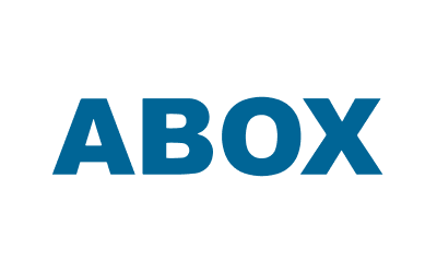 ABOX logo: blue wordmark on a black background