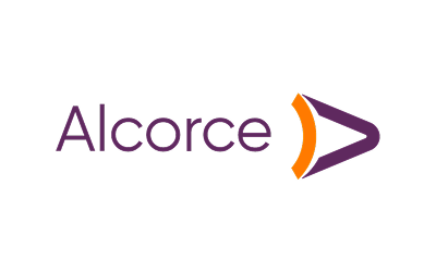Alcorce logo: purple text 'Alcorce' with an orange curved shape and a purple chevron to the right on a black background.