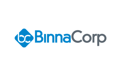 BinnaCorp logo: blue diamond icon with intertwined shapes, followed by the brand name 'BinnaCorp' in blue and gray lettering.