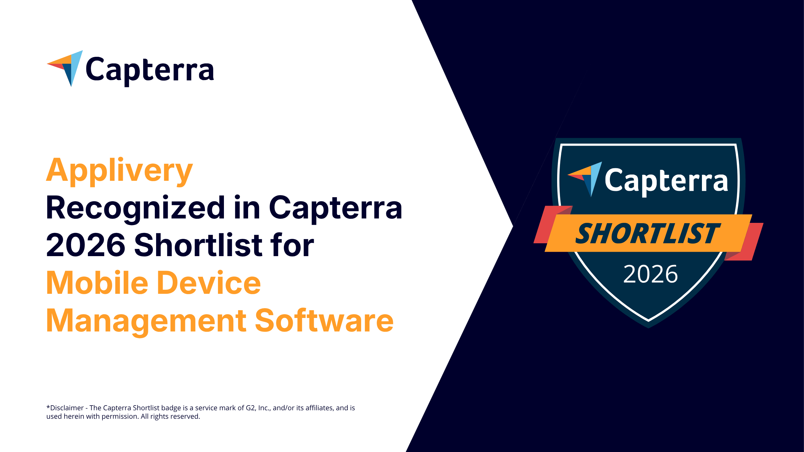 Banner announcing Applivery recognized in Capterra 2026 Shortlist for Mobile Device Management Software, with Capterra logo and Shortlist badge on navy background.