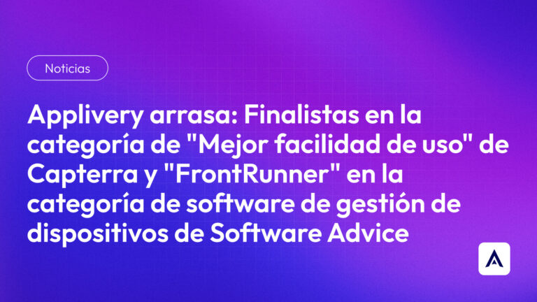 Purple gradient hero with large white Spanish headline about finalists in software usability categories; Noticias badge on the left, small logo bottom-right.