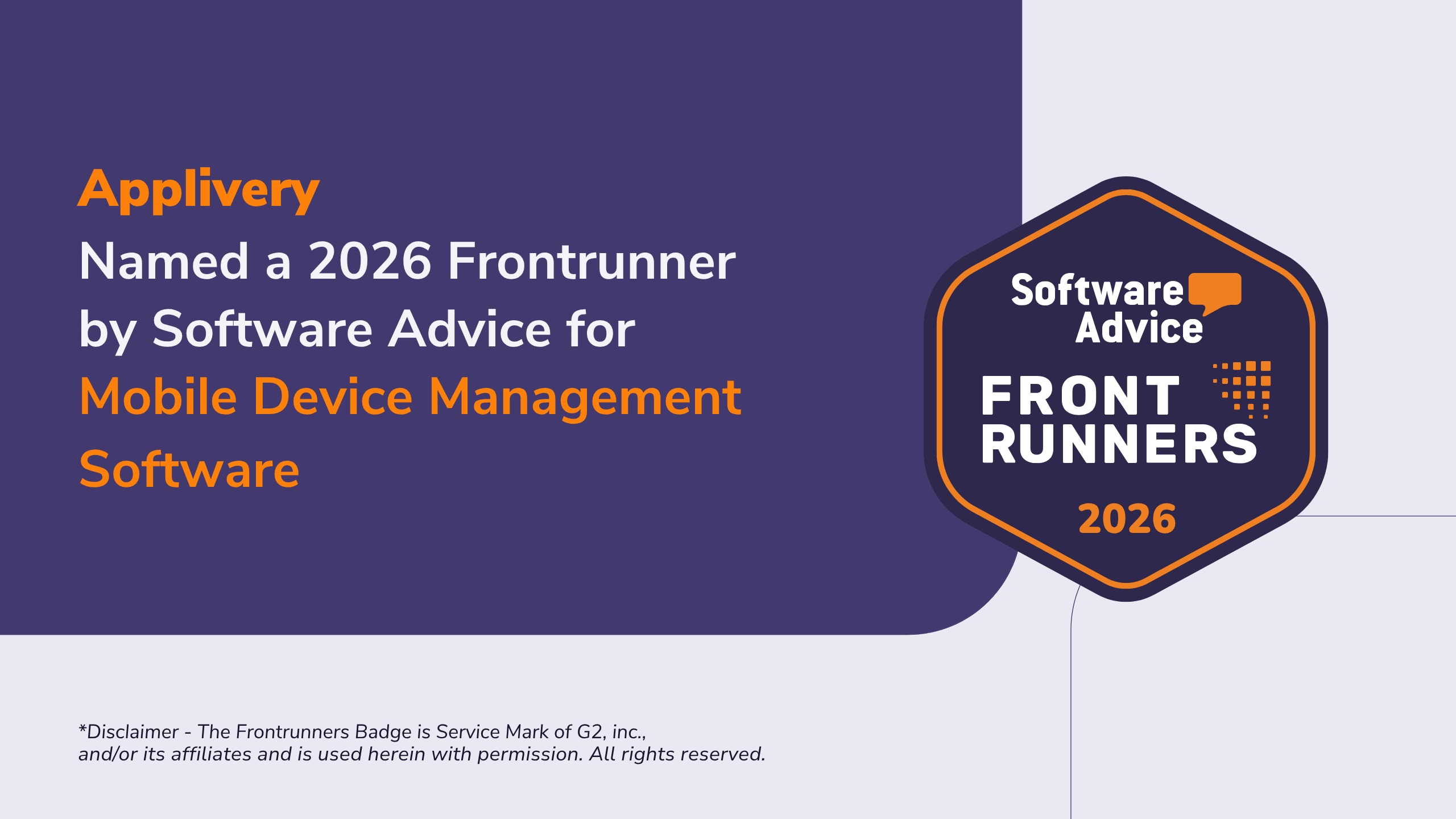 Announcement banner: Applivery named a 2026 Frontrunner by Software Advice for Mobile Device Management Software, with Front Runners badge.