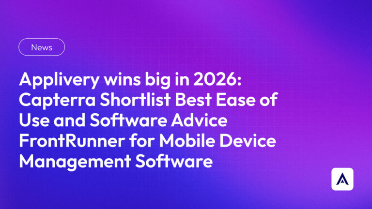 News banner on a purple gradient background with a 'News' pill on the left and a long white headline about Applivery and Capterra; small white logo bottom-right