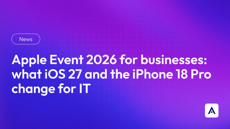 Purple gradient hero with a 'News' badge on the left and a bold white headline about Apple Event 2026 and iOS 27; small white rounded-square logo at bottom-right.