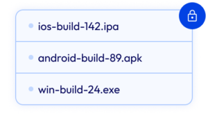 Applivery-Home-EU_Sovereignty-App_Repository | Applivery | Applivery Panel listing three build files: ios-build-142.ipa, android-build-89.apk, and win-build-24.exe with bullet points.