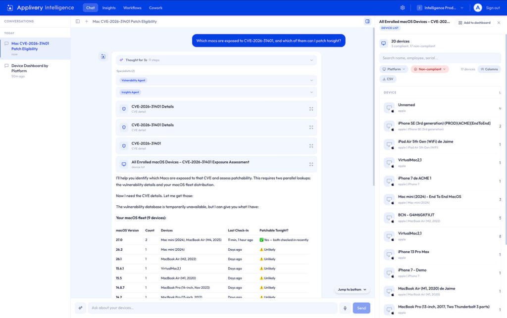 Image-3 | Applivery Dashboard screenshot of Applivery Intelligence with left conversations, central analysis on CVE-2026-31401 exposure, and right device list