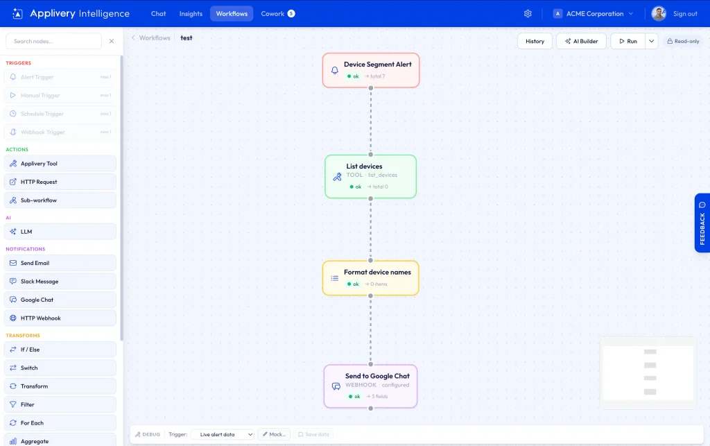 Workflow editor in Applivery Intelligence showing a vertical flow: Device Segment Alert → List devices → Format device names → Send to Google Chat. Left sidebar with triggers and actions visible.