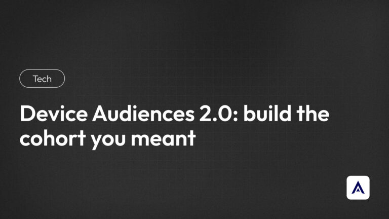 Tech hero banner with the headline 'Device Audiences 2.0: build the cohort you meant' on a dark grid background; small rounded 'Tech' tag on the left and a logo in the bottom-right corner.