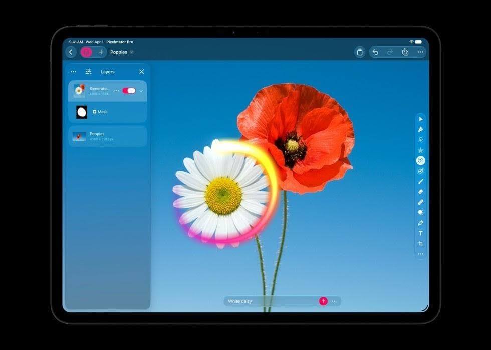 Generate Fill | Applivery Tablet screen showing a photo-editing app with a white daisy and red poppy against a blue sky, left layers panel, and right toolbar icons.