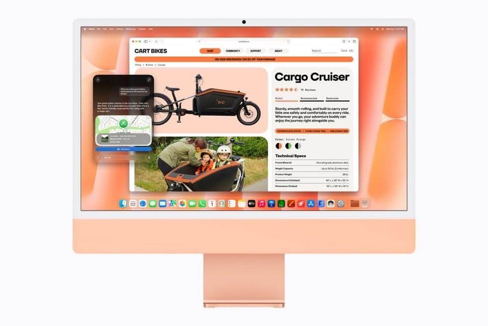 Siri AI en un iMac con M6 | Applivery Siri AI on an M6 iMac, looking at a page in Safari. Image: Apple.